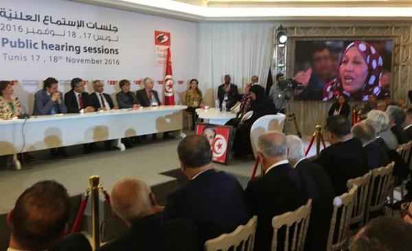 The first public hearing held by the Truth and Dignity Commission (TDC), at Sidi Bou Said, Tunisia on November 17, 2016. © Eric Goldstein/Human Rights Watch