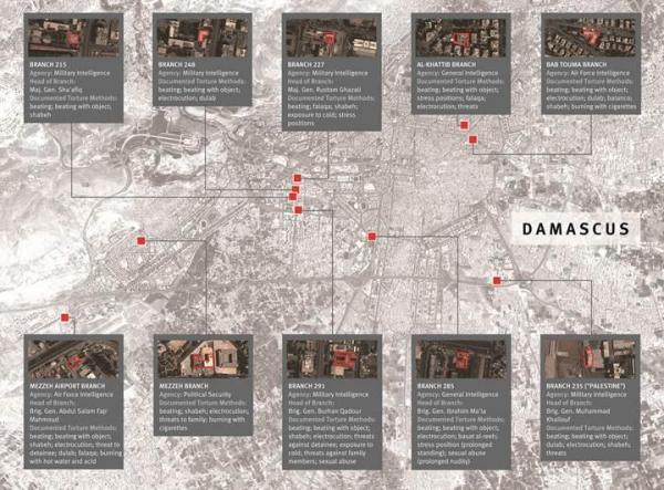 the locations of detention centers that were identified by multiple witnesses. Using satellite imagery, Human Rights Watch asked the victims and defectors to point out the buildings where torture took place.