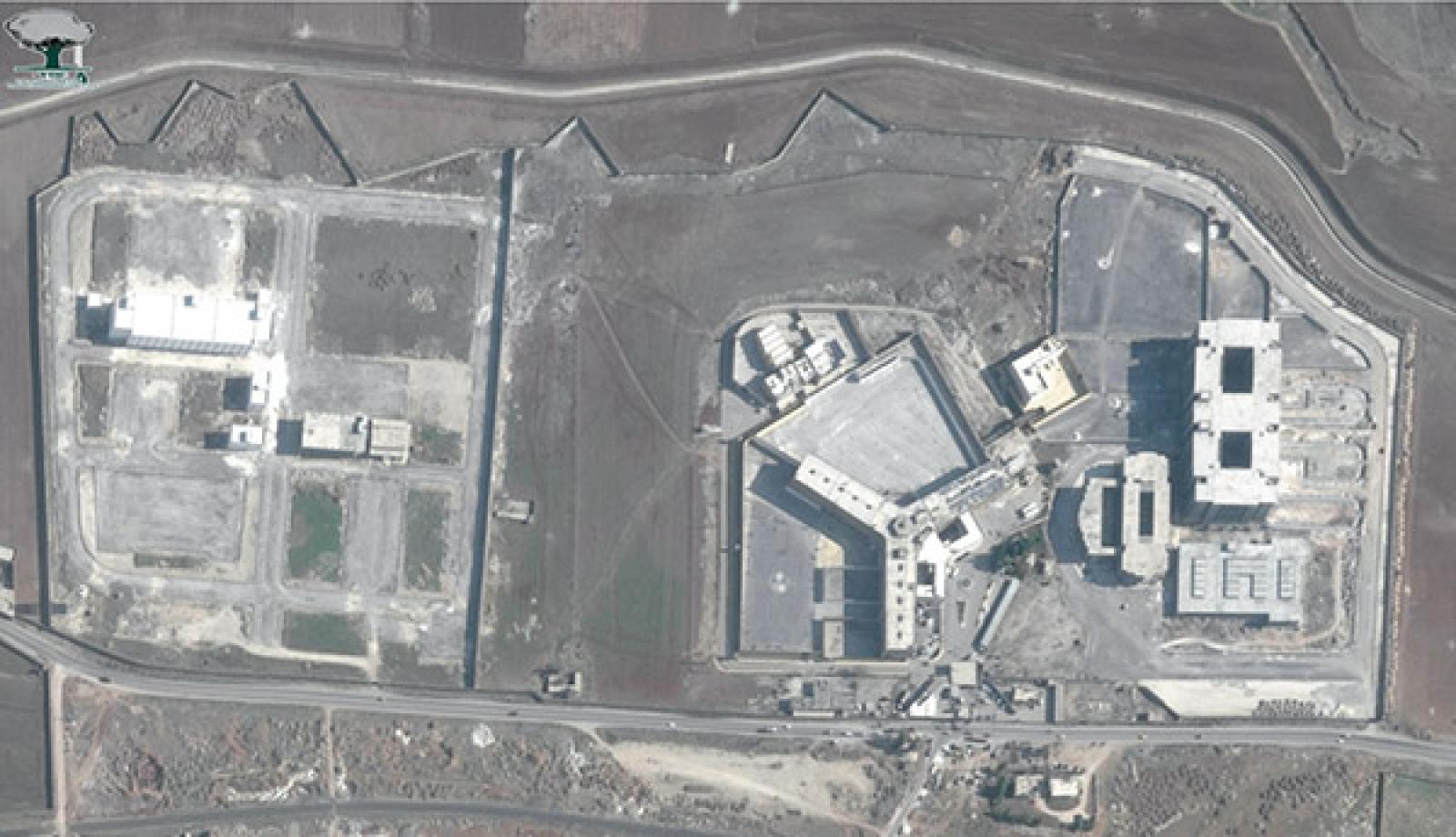 A satellite image of Aleppo Central Prison before the outbreak of the military strikes in its vicinity, showing the three parts of the prison
