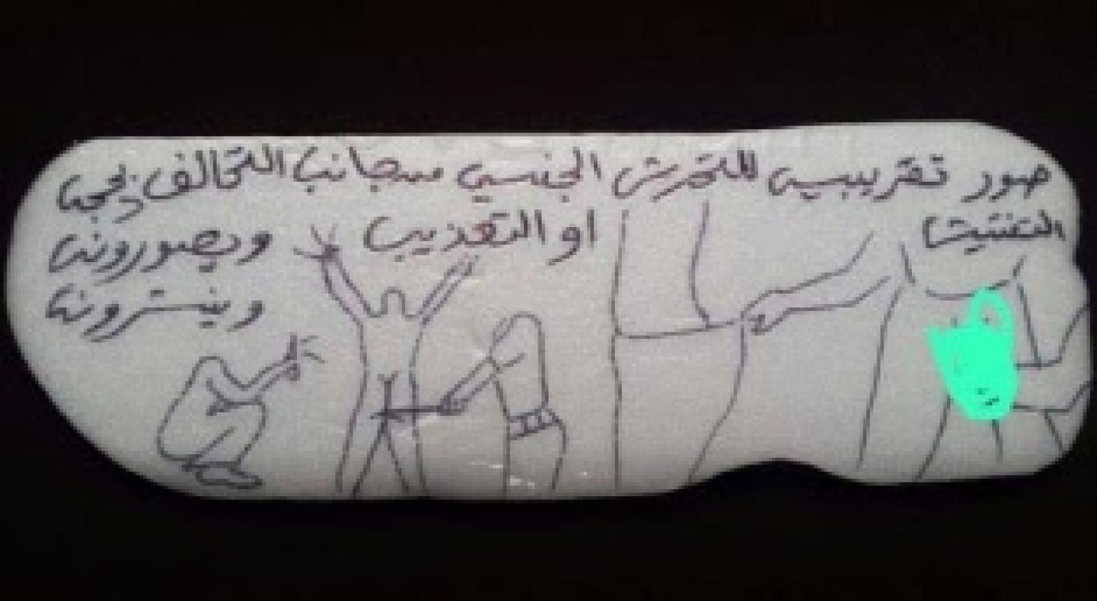 Rough drawings of sexual harassment of detainees in Beir Ahmed Prison