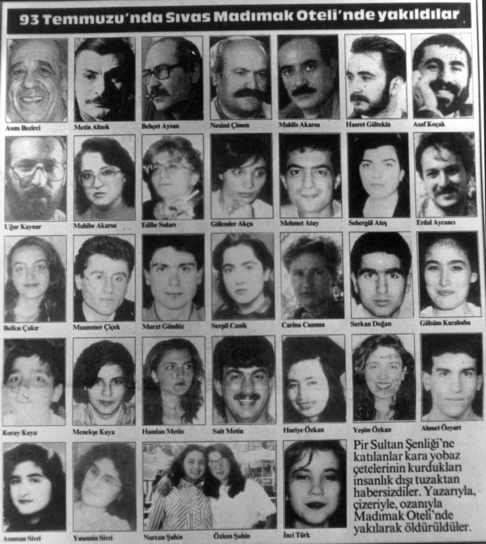 Sivas Massacre, Pictures of the victims, Cumhuriyet Newspaper, 2 July 1994, Sivas.